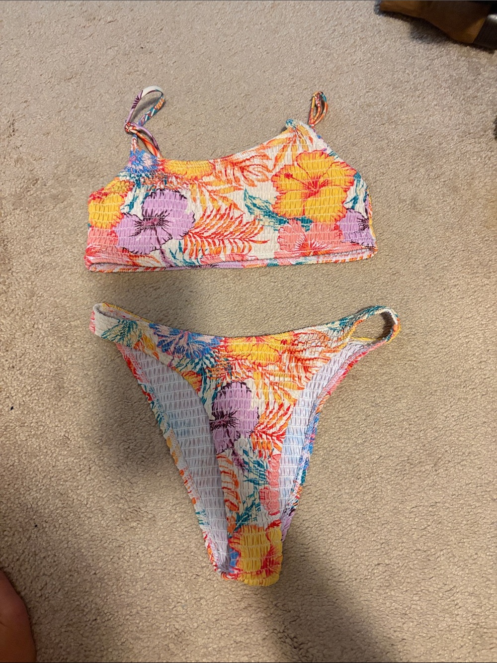 SHEIN Floral Smocked Two-Piece Bikini - Yellow, Purple & Coral